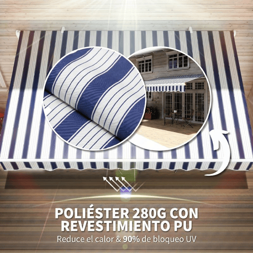Outsunny Toldo Manual Retrátil 395x245 cm Toldo Exterior para Terraço com Ângulo Ajustável Braço Articulado Montagem na Parede Estrutura de Alumínio Anti-UV e Impermeável para Jardim Azul e Branco