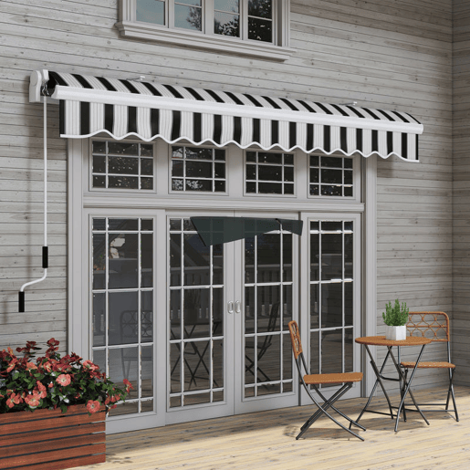 Outsunny Toldo Manual Retrátil 395x245 cm Toldo Exterior para Terraço com Ângulo Ajustável Braço Articulado Montagem na Parede Estrutura de Alumínio Anti-UV e Impermeável para Jardim Azul e Branco