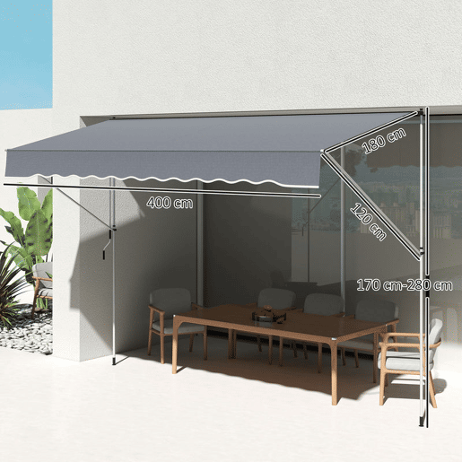 Outsunny Toldo Manual Retrátil 4x1,2 m Toldo Exterior para Terraço Enrolável Altura Ajustável 170-280 cm com Manivela Anti-UV e Impermeável Sem Perfuração para Varanda Jardim Cinzento Escuro
