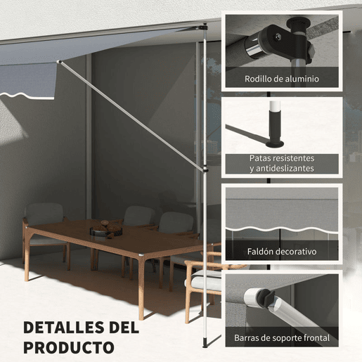 Outsunny Toldo Manual Retrátil 4x1,2 m Toldo Exterior para Terraço Enrolável Altura Ajustável 170-280 cm com Manivela Anti-UV e Impermeável Sem Perfuração para Varanda Jardim Cinzento Escuro