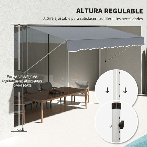 Outsunny Toldo Manual Retrátil 4x1,2 m Toldo Exterior para Terraço Enrolável Altura Ajustável 170-280 cm com Manivela Anti-UV e Impermeável Sem Perfuração para Varanda Jardim Cinzento Escuro