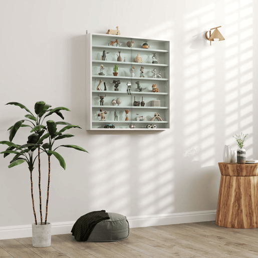 HOMCOM Vitrina Expositora para Coleções de 7 Níveis, Vitrina de Parede com Prateleiras Ajustáveis e 2 Portas Deslizantes de Vidro, para Perfumes, Figuras Decorativas, 80x9,5x83 cm, Branco