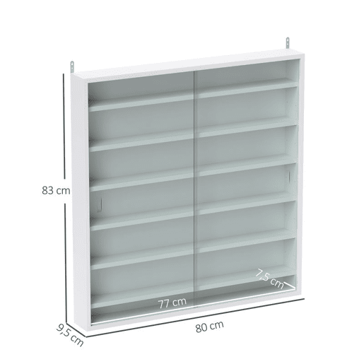 HOMCOM Vitrina Expositora para Coleções de 7 Níveis, Vitrina de Parede com Prateleiras Ajustáveis e 2 Portas Deslizantes de Vidro, para Perfumes, Figuras Decorativas, 80x9,5x83 cm, Branco