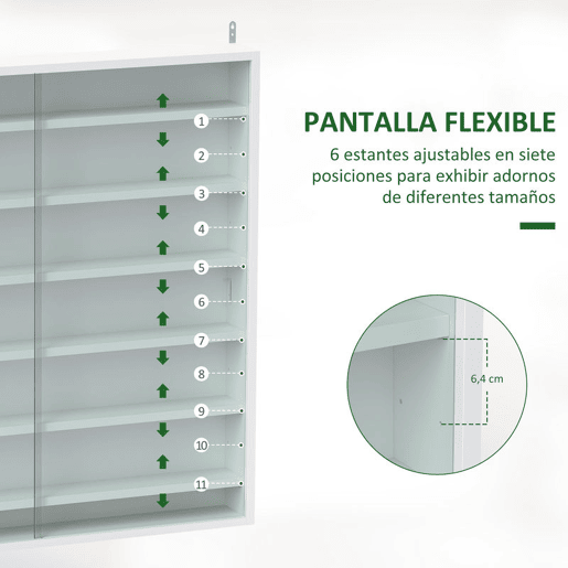 HOMCOM Vitrina Expositora para Coleções de 7 Níveis, Vitrina de Parede com Prateleiras Ajustáveis e 2 Portas Deslizantes de Vidro, para Perfumes, Figuras Decorativas, 80x9,5x83 cm, Branco