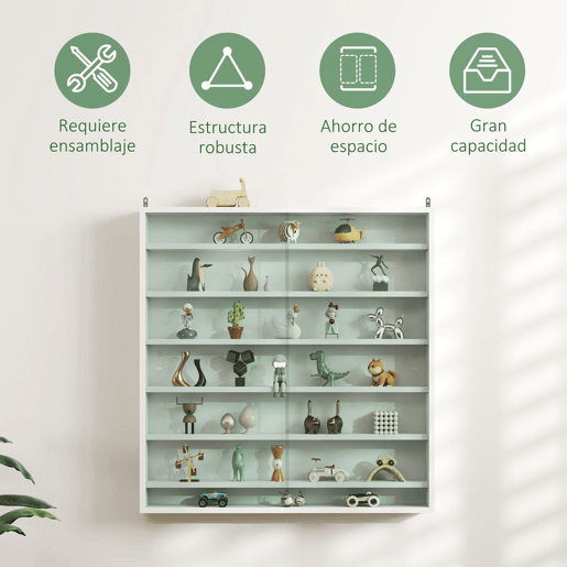 HOMCOM Vitrina Expositora para Coleções de 7 Níveis, Vitrina de Parede com Prateleiras Ajustáveis e 2 Portas Deslizantes de Vidro, para Perfumes, Figuras Decorativas, 80x9,5x83 cm, Branco
