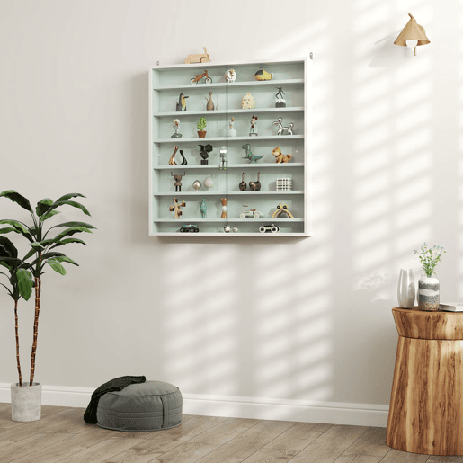 HOMCOM Vitrina Expositora para Coleções de 7 Níveis, Vitrina de Parede com Prateleiras Ajustáveis e 2 Portas Deslizantes de Vidro, para Perfumes, Figuras Decorativas, 80x9,5x83 cm, Branco