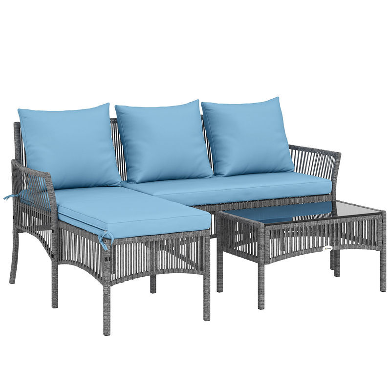 Outsunny conjunto de jardín de ratán de 3 piezas, muebles jardín exterior incluye 1 sofá de 2 plazas, 1 sofá esquinera, 1 mesa de centro con tablero de vidrio templado, cojines, resistente, azul claro