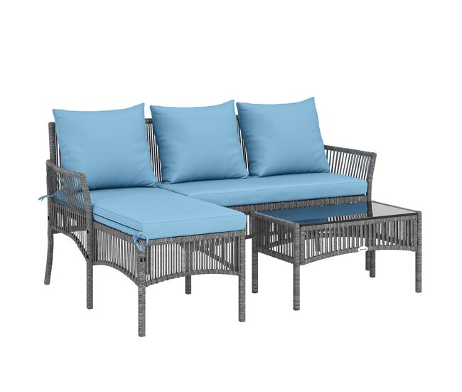 Outsunny conjunto de jardín de ratán de 3 piezas, muebles jardín exterior incluye 1 sofá de 2 plazas, 1 sofá esquinera, 1 mesa de centro con tablero de vidrio templado, cojines, resistente, azul claro