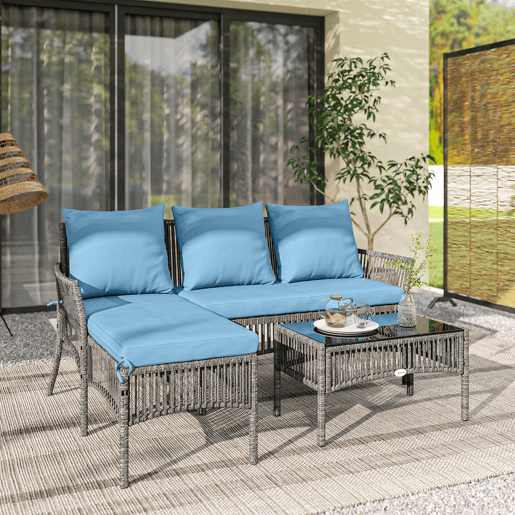 Outsunny Conjunto de Jardim de Vime de 3 Peças Móveis de Jardim Exterior com Sofá de 2 Lugares Chaise Longue Mesa de Centro com Vidro Temperado Almofadas Resistente Azul Claro