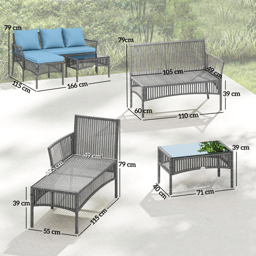 Outsunny Conjunto de Jardim de Vime de 3 Peças Móveis de Jardim Exterior com Sofá de 2 Lugares Chaise Longue Mesa de Centro com Vidro Temperado Almofadas Resistente Azul Claro
