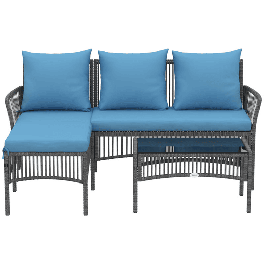 Outsunny Conjunto de Jardim de Vime de 3 Peças Móveis de Jardim Exterior com Sofá de 2 Lugares Chaise Longue Mesa de Centro com Vidro Temperado Almofadas Resistente Azul Claro