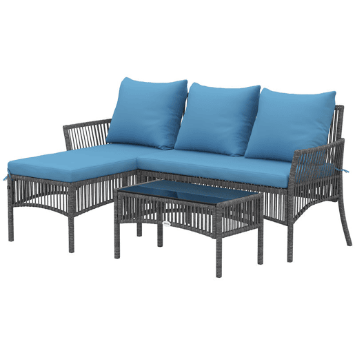 Outsunny Conjunto de Jardim de Vime de 3 Peças Móveis de Jardim Exterior com Sofá de 2 Lugares Chaise Longue Mesa de Centro com Vidro Temperado Almofadas Resistente Azul Claro