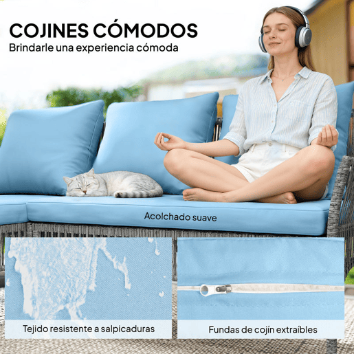 Outsunny Conjunto de Jardim de Vime de 3 Peças Móveis de Jardim Exterior com Sofá de 2 Lugares Chaise Longue Mesa de Centro com Vidro Temperado Almofadas Resistente Azul Claro