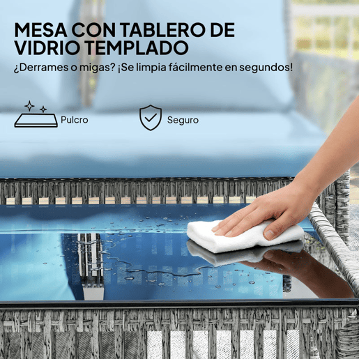Outsunny Conjunto de Jardim de Vime de 3 Peças Móveis de Jardim Exterior com Sofá de 2 Lugares Chaise Longue Mesa de Centro com Vidro Temperado Almofadas Resistente Azul Claro