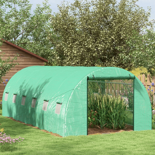 Outsunny Estufa de Exterior 6x3x2 m, Estufa em Túnel com Sistema de Rega, Porta Enrolável, 12 Janelas com Rede, Cobertura em PE e Estrutura de Aço Galvanizado, Anti-UV, Impermeável, Verde
