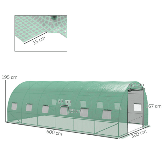 Outsunny Estufa de Exterior 6x3x2 m, Estufa em Túnel com Sistema de Rega, Porta Enrolável, 12 Janelas com Rede, Cobertura em PE e Estrutura de Aço Galvanizado, Anti-UV, Impermeável, Verde