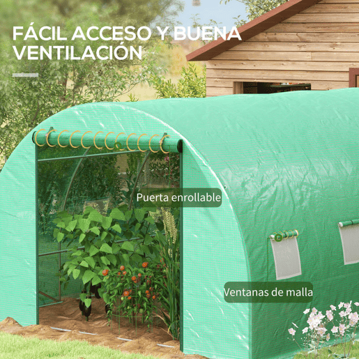 Outsunny Estufa de Exterior 6x3x2 m, Estufa em Túnel com Sistema de Rega, Porta Enrolável, 12 Janelas com Rede, Cobertura em PE e Estrutura de Aço Galvanizado, Anti-UV, Impermeável, Verde