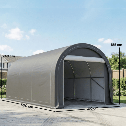 Outsunny Tenda Garagem Portátil 3x5 m Garagem Exterior para Carro Impermeável com Porta Enrolável com Fecho de Correr, Estrutura de Aço Galvanizado UPF30+ Abrigo de Armazenamento Cinzento