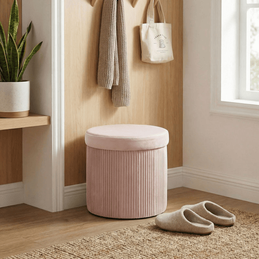 HOMCOM Puff de Arrumação, Banco de Arrumação Dobrável 35 L 38x38x38 cm Estofado em Veludo Baú de Arrumação Redondo Capacidade 120 kg Banco para Sala de Estar Quarto Entrada, Rosa