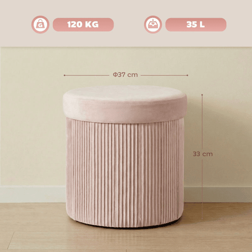 HOMCOM Puff de Arrumação, Banco de Arrumação Dobrável 35 L 38x38x38 cm Estofado em Veludo Baú de Arrumação Redondo Capacidade 120 kg Banco para Sala de Estar Quarto Entrada, Rosa