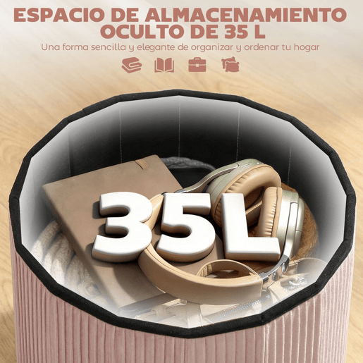 HOMCOM Puff de Arrumação, Banco de Arrumação Dobrável 35 L 38x38x38 cm Estofado em Veludo Baú de Arrumação Redondo Capacidade 120 kg Banco para Sala de Estar Quarto Entrada, Rosa