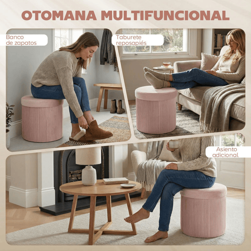 HOMCOM Puff de Arrumação, Banco de Arrumação Dobrável 35 L 38x38x38 cm Estofado em Veludo Baú de Arrumação Redondo Capacidade 120 kg Banco para Sala de Estar Quarto Entrada, Rosa