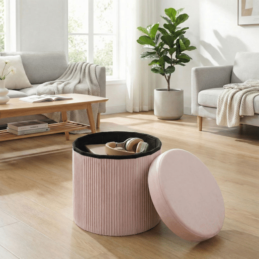 HOMCOM Puff de Arrumação, Banco de Arrumação Dobrável 35 L 38x38x38 cm Estofado em Veludo Baú de Arrumação Redondo Capacidade 120 kg Banco para Sala de Estar Quarto Entrada, Rosa