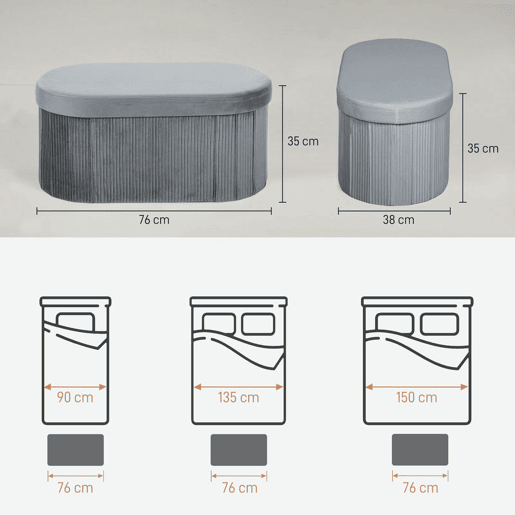 HOMCOM Puff de Arrumação Banco Dobrável 72 L 76x38x35 cm Estofado em Veludo Baú de Arrumação Suporta 120 kg para Sala Quarto, Entrada Cinzento Escuro