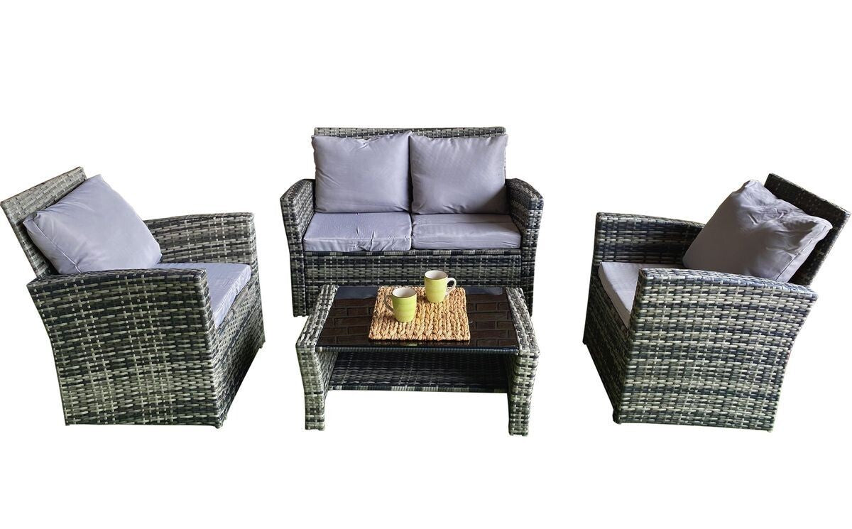 Sofa + 2 sillas + mesa de ratan pe. muebles de jardin y terraza, gris