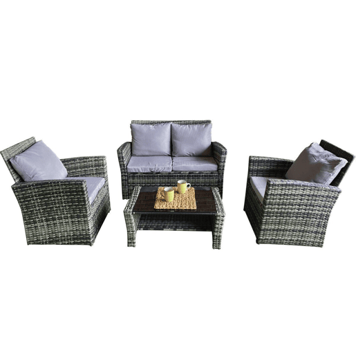 Sofá + 2 Cadeiras + Mesa de Rattan PE. Móveis de Jardim e Exterior, Cinza