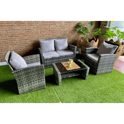 Sofá + 2 Cadeiras + Mesa de Rattan PE. Móveis de Jardim e Exterior, Cinza
