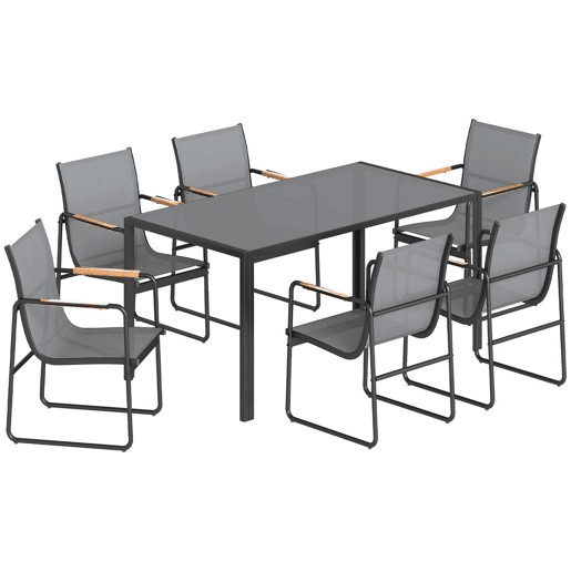 Outsunny Conjunto de Mesa e Cadeiras de Jardim de 7 Peças Mobiliário de Exterior com Mesa de Vidro Temperado 6 Cadeiras Respiráveis Estrutura em Aço Resistente às Intempéries Cinza