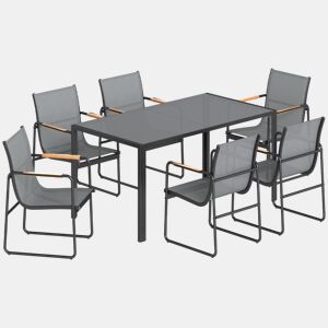 Outsunny Conjunto de Mesa e Cadeiras de Jardim de 7 Peças Mobiliário de Exterior com Mesa de Vidro Temperado 6 Cadeiras Respiráveis Estrutura em Aço Resistente às Intempéries Cinza