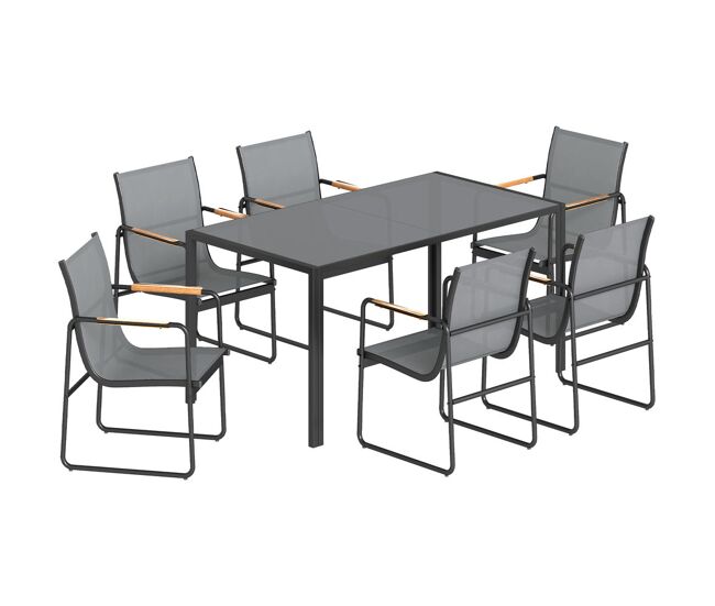 Outsunny conjunto de mesa y sillas jardín de 7 piezas, muebles jardín exterior con mesa de vidrio templado, 6 sillas transpirables decorativas, marco de acero resistente a la intemperie, gris