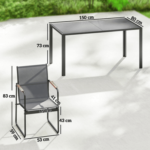 Outsunny Conjunto de Mesa e Cadeiras de Jardim de 7 Peças Mobiliário de Exterior com Mesa de Vidro Temperado 6 Cadeiras Respiráveis Estrutura em Aço Resistente às Intempéries Cinza