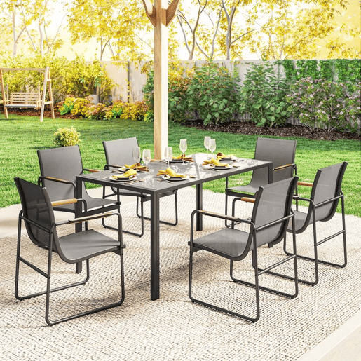 Outsunny Conjunto de Mesa e Cadeiras de Jardim de 7 Peças Mobiliário de Exterior com Mesa de Vidro Temperado 6 Cadeiras Respiráveis Estrutura em Aço Resistente às Intempéries Cinza