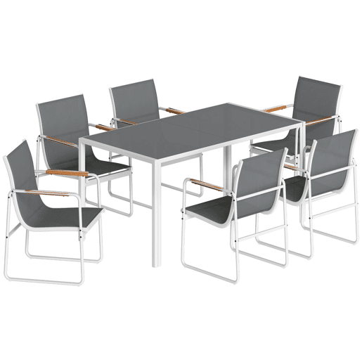 Outsunny Conjunto de Mesa e Cadeiras de Jardim de 7 Peças Mobiliário de Exterior com Mesa de Vidro Temperado 6 Cadeiras Respiráveis Estrutura em Aço Resistente às Intempéries Branco e Cinza Outsunny Conjunto de Mesa e Cadeiras de Jardim de 7 Peças Mobiliário de Exterior com Mesa de Vidro Temperado 6 Cadeiras Respiráveis Estrutura em Aço Resistente às Intempéries Branco e Cinza