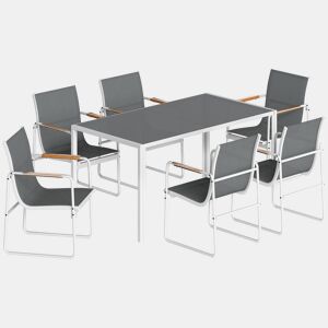 Outsunny Conjunto de Mesa e Cadeiras de Jardim de 7 Peças Mobiliário de Exterior com Mesa de Vidro Temperado 6 Cadeiras Respiráveis Estrutura em Aço Resistente às Intempéries Branco e Cinza