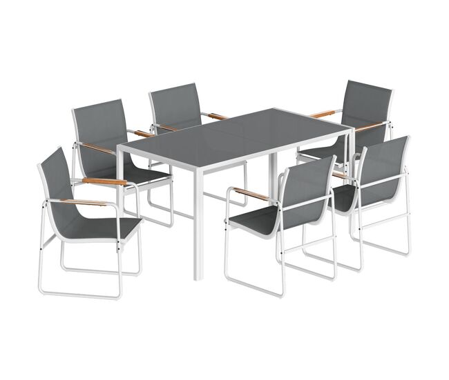 Outsunny conjunto de mesa y sillas jardín de 7 piezas, muebles jardín exterior con mesa de vidrio templado, 6 sillas transpirables decorativas, marco