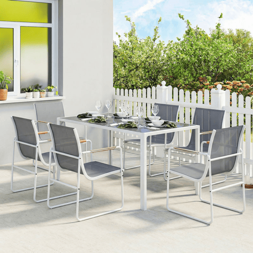 Outsunny Conjunto de Mesa e Cadeiras de Jardim de 7 Peças Mobiliário de Exterior com Mesa de Vidro Temperado 6 Cadeiras Respiráveis Estrutura em Aço Resistente às Intempéries Branco e Cinza Outsunny Conjunto de Mesa e Cadeiras de Jardim de 7 Peças Mobiliário de Exterior com Mesa de Vidro Temperado 6 Cadeiras Respiráveis Estrutura em Aço Resistente às Intempéries Branco e Cinza