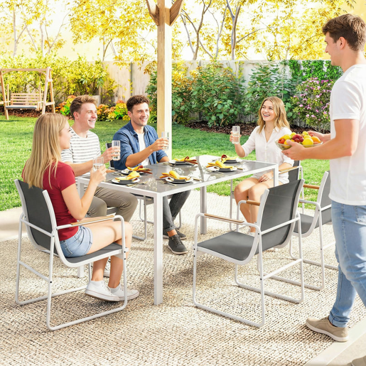 Outsunny Conjunto de Mesa e Cadeiras de Jardim de 7 Peças Mobiliário de Exterior com Mesa de Vidro Temperado 6 Cadeiras Respiráveis Estrutura em Aço Resistente às Intempéries Branco e Cinza Outsunny Conjunto de Mesa e Cadeiras de Jardim de 7 Peças Mobiliário de Exterior com Mesa de Vidro Temperado 6 Cadeiras Respiráveis Estrutura em Aço Resistente às Intempéries Branco e Cinza
