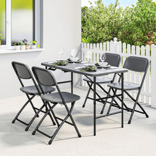 Outsunny Conjunto de Mesa e Cadeiras de Jardim 5 Peças Móveis de Jardim Exterior com Mesa Dobrável Ajustável de 55 a 74 cm 4 Cadeiras Dobráveis e Bancada de HDPE para Terraço ou Pátio Cinzento Escuro