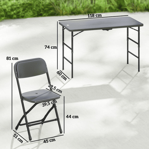 Outsunny Conjunto de Mesa e Cadeiras de Jardim 5 Peças Móveis de Jardim Exterior com Mesa Dobrável Ajustável de 55 a 74 cm 4 Cadeiras Dobráveis e Bancada de HDPE para Terraço ou Pátio Cinzento Escuro