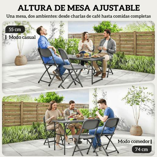 Outsunny Conjunto de Mesa e Cadeiras de Jardim 5 Peças Móveis de Jardim Exterior com Mesa Dobrável Ajustável de 55 a 74 cm 4 Cadeiras Dobráveis e Bancada de HDPE para Terraço ou Pátio Cinzento Escuro
