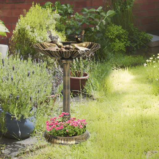 Outsunny Banho para Pássaros de Jardim ao Ar Livre Altura 81 cm Alimentador para Pássaros com Base Pedestal, Design em Concha e Acabamento Envelhecido, Leve e Resistente Bebedouro para Aves Bronze