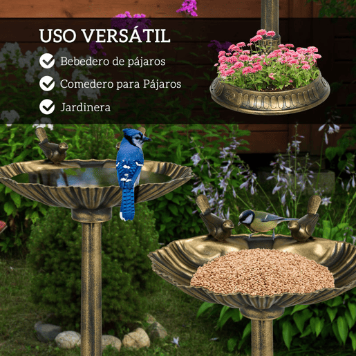 Outsunny Banho para Pássaros de Jardim ao Ar Livre Altura 81 cm Alimentador para Pássaros com Base Pedestal, Design em Concha e Acabamento Envelhecido, Leve e Resistente Bebedouro para Aves Bronze