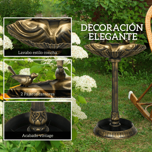 Outsunny Banho para Pássaros de Jardim ao Ar Livre Altura 81 cm Alimentador para Pássaros com Base Pedestal, Design em Concha e Acabamento Envelhecido, Leve e Resistente Bebedouro para Aves Bronze