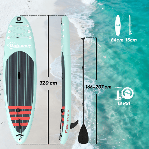 Outsunny Prancha de Paddle Surf Insuflável com Acessórios 320 cm Remo de Alumínio Ajustável Quilha Stand Up Paddle Board com Superfície Antiderrapante de EVA Bomba e Mochila Carga 160 kg para Adultos