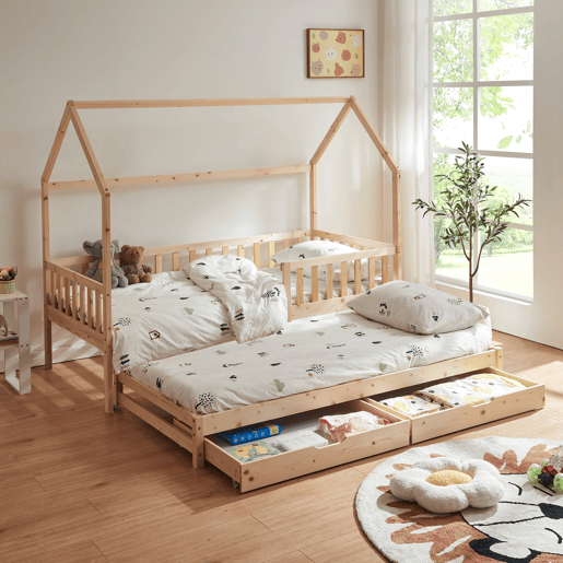 Cama de casal para crianças Aarghonmaa 90x200cm 2 gavetas pinho natural en.casa