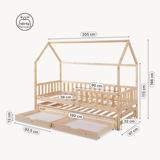 Cama de casal para crianças Aarghonmaa 90x200cm 2 gavetas pinho natural en.casa